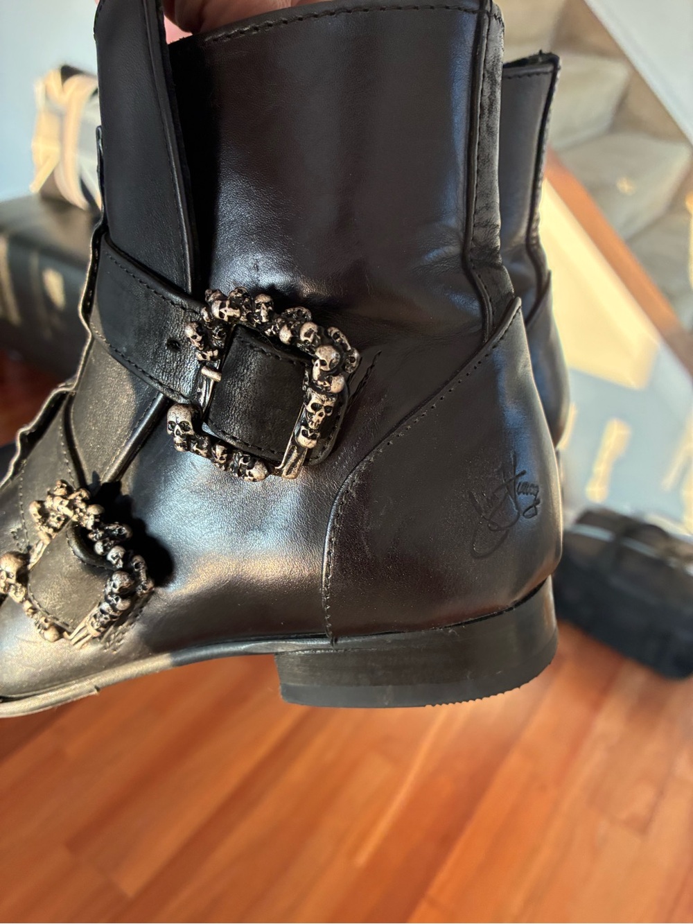 John Fluevog Black Leather Ankle Boots with Skull Buckle Straps